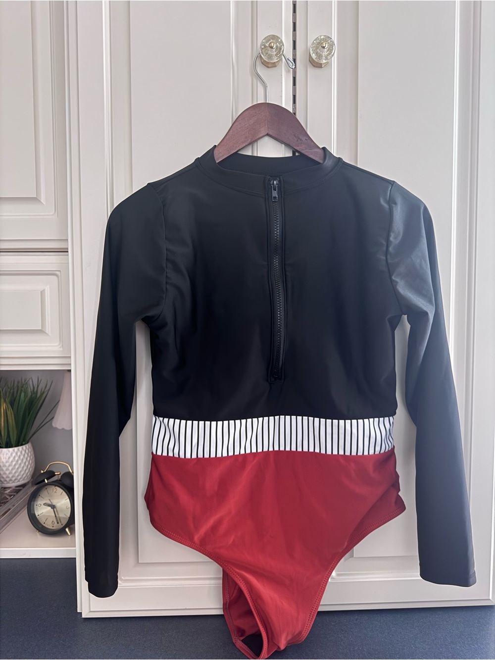 Black Long-Sleeve One-Piece Swimsuit with Red Bottom